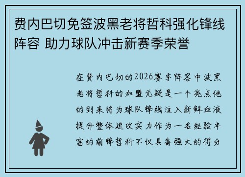 费内巴切免签波黑老将哲科强化锋线阵容 助力球队冲击新赛季荣誉 费内巴切免签波黑老将哲科强化锋线阵容 助力球队冲击新赛季荣誉