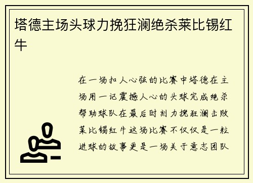 塔德主场头球力挽狂澜绝杀莱比锡红牛 塔德主场头球力挽狂澜绝杀莱比锡红牛
