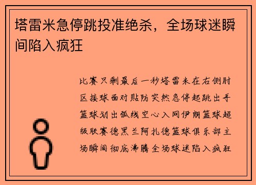 塔雷米急停跳投准绝杀，全场球迷瞬间陷入疯狂